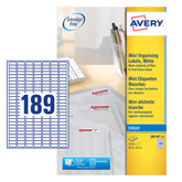 Avery Inkjet Mini Label 25x10mm 189 Per A4 Sheet White (Pack 4725 Labels) J8658-25